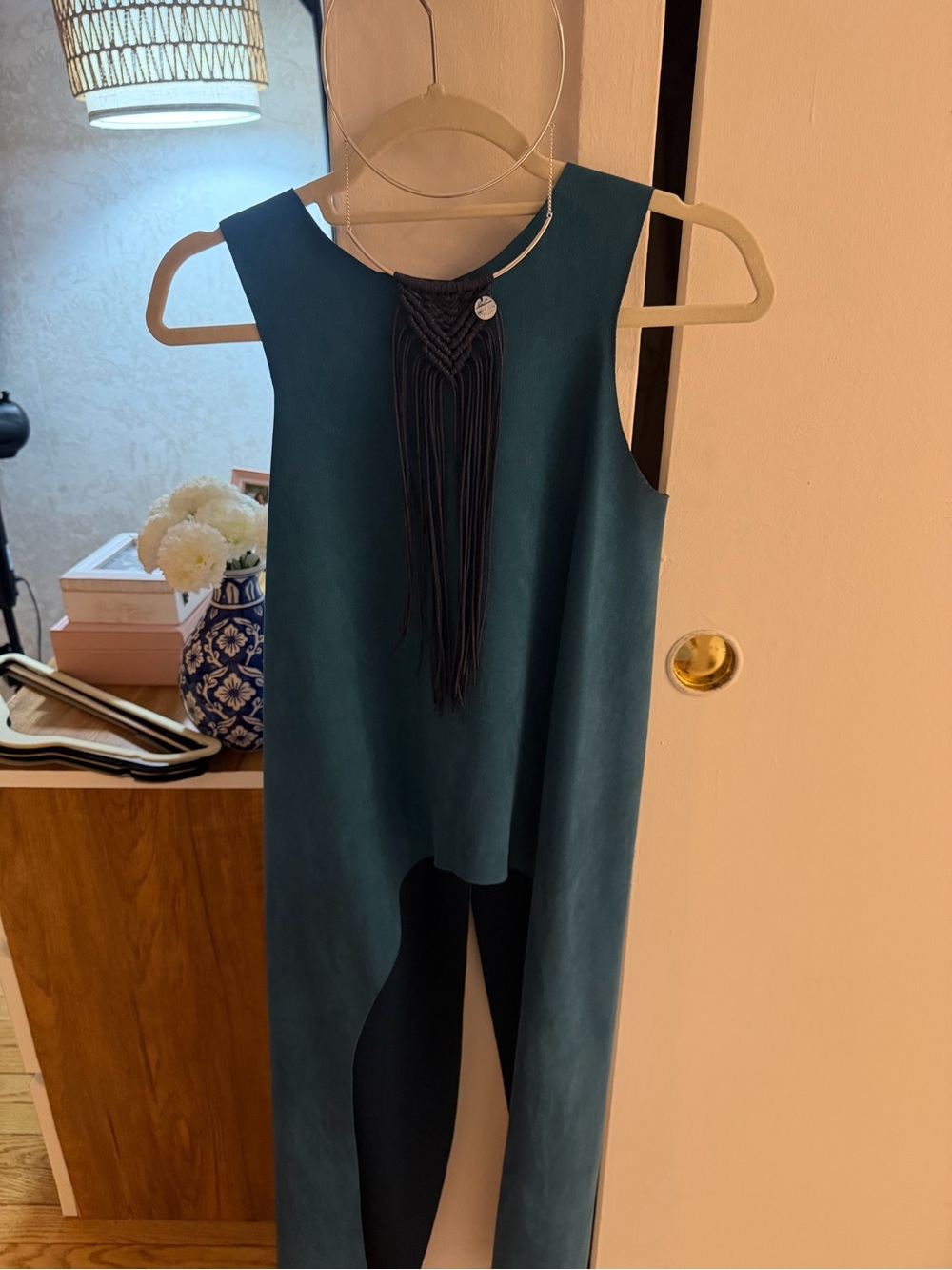 Oropendola blue suade asymmetrical camisole with detachable necklace